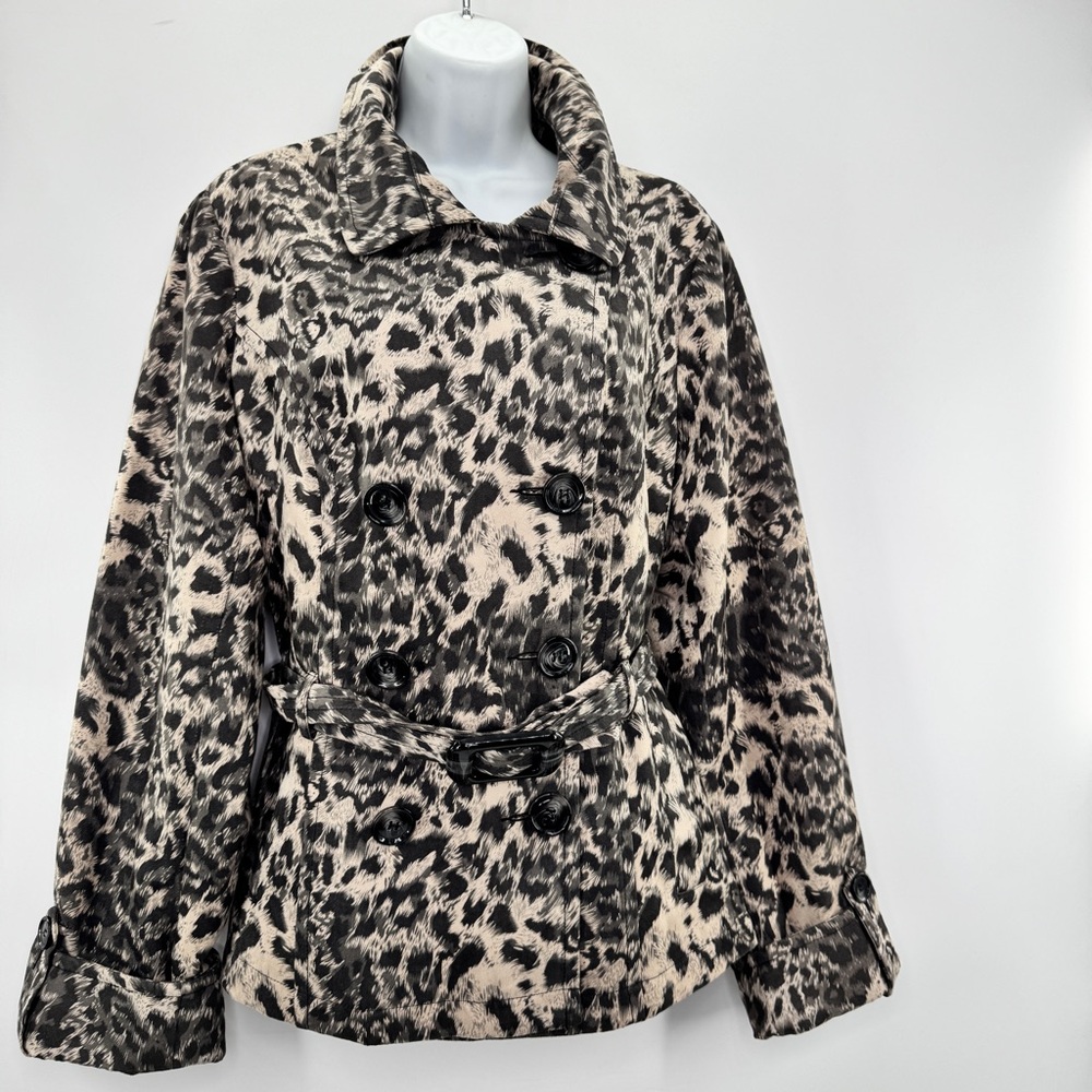 M by Marc Bouwer Snow leopard trench coat Sz L Faux Suede Belted Jacket Lined
